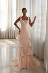 Graceful Straps Sleeveless Satin Tulle Mermaid Evening Dresses Backless Gem With Pleats