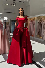Graceful Red Off The Shoulder Satin Evening Dresses A-Line With Beads Pleats