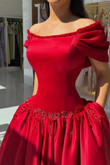 Graceful Red Off The Shoulder Satin Evening Dresses A-Line With Beads Pleats