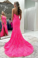 Luxurious Fuchsia V-Neck Halter Sleeveless Lace Evening Dresses Mermaid Zipper With High Split
