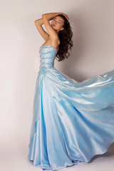 Romantic Sky Blue Strapless Sleeveless Satin Evening Dresses A-Line With Beads Pearls