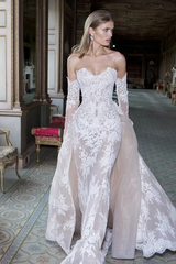 Glamorous Strapless Sleeveless Lace Mermaid Evening Dresses Column With Detachable Overskirt