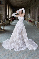 Glamorous Strapless Sleeveless Lace Mermaid Evening Dresses Column With Detachable Overskirt