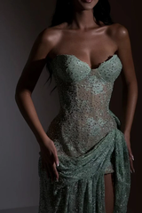 Dazzling Green Sweetheart Strapless Sleeveless Mermaid Evening Dresses High Split With Lace-Up Back