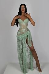 Dazzling Green Sweetheart Strapless Sleeveless Mermaid Evening Dresses High Split With Lace-Up Back
