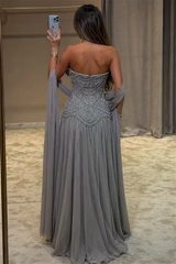 Pretty Strapless Sleeveless Chiffon Evening Dresses Gem With Zipper Pleats