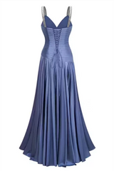 Luxurious Blue V-Neck Spaghetti-Straps Sleeveless Evening Dresses A-Line Pleats With Lace-Up Back
