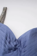 Luxurious Blue V-Neck Spaghetti-Straps Sleeveless Evening Dresses A-Line Pleats With Lace-Up Back