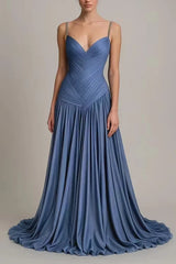 Luxurious Blue V-Neck Spaghetti-Straps Sleeveless Evening Dresses A-Line Pleats With Lace-Up Back