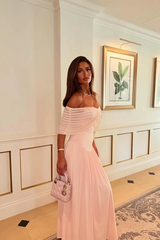 Pretty Pink Off The Shoulder Chiffon Evening Dresses Long With Pleats Zipper