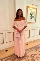 Pretty Pink Off The Shoulder Chiffon Evening Dresses Long With Pleats Zipper