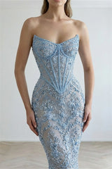 Luxurious Sky Blue Sweetheart Strapless Sleeveless Mermaid Evening Dresses Beads With Lace-Up Back