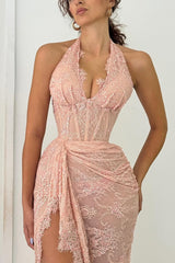 Elegant Dusty Rose Halter Sleeveless Lace Evening Dresses Mermaid Sheath With High Split