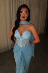 Glamorous Blue Strapless Sleeveless Lace Mermaid Evening Dresses Column With Pleats