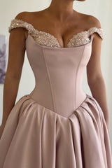 Romantic Dusty Pink Sweetheart Off The Shoulder Satin Evening Dresses A-Line With Beads Pleats