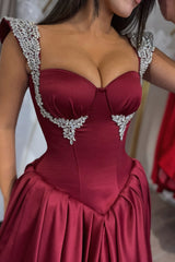 Dazzling Burgundy Sweetheart Straps Sleeveless Satin Evening Dresses A-Line Gem With Pleats