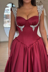 Dazzling Burgundy Sweetheart Straps Sleeveless Satin Evening Dresses A-Line Gem With Pleats