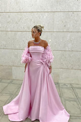 Timeless Pink Strapless Sleeveless Satin Evening Dresses Floor Length With Pleats Feather
