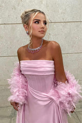 Timeless Pink Strapless Sleeveless Satin Evening Dresses Floor Length With Pleats Feather