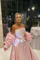 Timeless Pink Strapless Sleeveless Satin Evening Dresses Floor Length With Pleats Feather