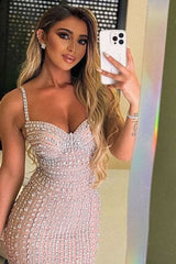 Dazzling Sweetheart Spaghetti-Straps Sleeveless Mermaid Evening Dresses Column Crystals With Split