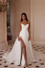 Luxurious Sweetheart Strapless Sleeveless Satin Evening Dresses High Split With Zipper Pleats