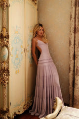 Luxurious Lilac V-Neck Spaghetti-Straps Sleeveless Evening Dresses Backless With Pleats