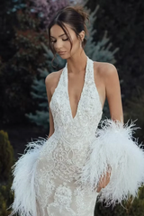 Elegant V-Neck Halter Sleeveless Mermaid Evening Dresses Sheath Backless With Feather