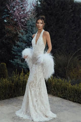 Elegant V-Neck Halter Sleeveless Mermaid Evening Dresses Sheath Backless With Feather