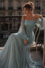 Dazzling Dusty Blue Off The Shoulder Long Sleeves Evening Dresses A-Line Gem With Zipper Pleats