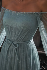 Dazzling Dusty Blue Off The Shoulder Long Sleeves Evening Dresses A-Line Gem With Zipper Pleats
