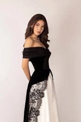 Timeless Black White Off The Shoulder Evening Dresses Floor Length With Pleats