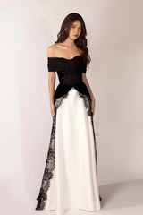 Timeless Black White Off The Shoulder Evening Dresses Floor Length With Pleats
