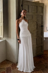 Luxury White Halter Sleeveless Lace Chiffon Evening Dresses Floor Length With Pleats Zipper