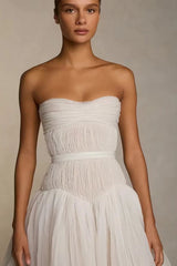 Elegant Strapless Sleeveless Tulle Evening Dresses A-Line With Pleats