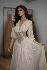 Glamorous V-Neck Long Sleeves Chiffon Evening Dresses Floor Length Gem With Pleats