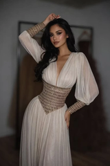Glamorous V-Neck Long Sleeves Chiffon Evening Dresses Floor Length Gem With Pleats