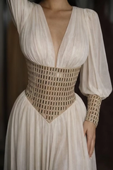 Glamorous V-Neck Long Sleeves Chiffon Evening Dresses Floor Length Gem With Pleats