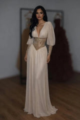 Glamorous V-Neck Long Sleeves Chiffon Evening Dresses Floor Length Gem With Pleats