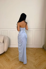 Dazzling Dusty Blue Strapless Sleeveless Mermaid Satin Evening Dresses High Split With Lace-Up Back