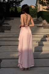 Pretty Pink Spaghetti-Straps Sleeveless Satin Evening Dresses Hi-Lo With Lace-Up Back