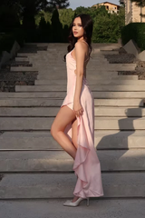 Pretty Pink Spaghetti-Straps Sleeveless Satin Evening Dresses Hi-Lo With Lace-Up Back