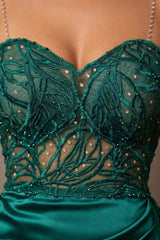 Glamorous Green Sweetheart Spaghetti-Straps Sleeveless Satin Evening Dresses High Split Gem With Zipper