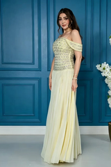 Glamorous Daffodil Off The Shoulder Chiffon Evening Dresses Gem Floor Length With Pleats