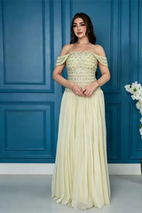 Glamorous Daffodil Off The Shoulder Chiffon Evening Dresses Gem Floor Length With Pleats