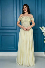 Glamorous Daffodil Off The Shoulder Chiffon Evening Dresses Gem Floor Length With Pleats