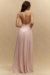 Dazzling Pink V-Neck Halter Sleeveless Evening Dresses Backless Floor Length With Zipper