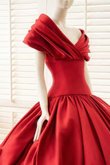 Elegant Red Off The Shoulder Satin Evening Dresses A-Line With Pocket Pleats