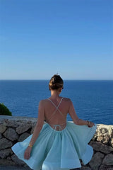 Timeless Blue Spaghetti-Straps V-Neck Sleeveless Homecoming Dresses Mini With Criss-Cross Back