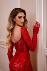 Dazzling Red Long Sleeves Evening Dresses High Split With Lace-Up Back